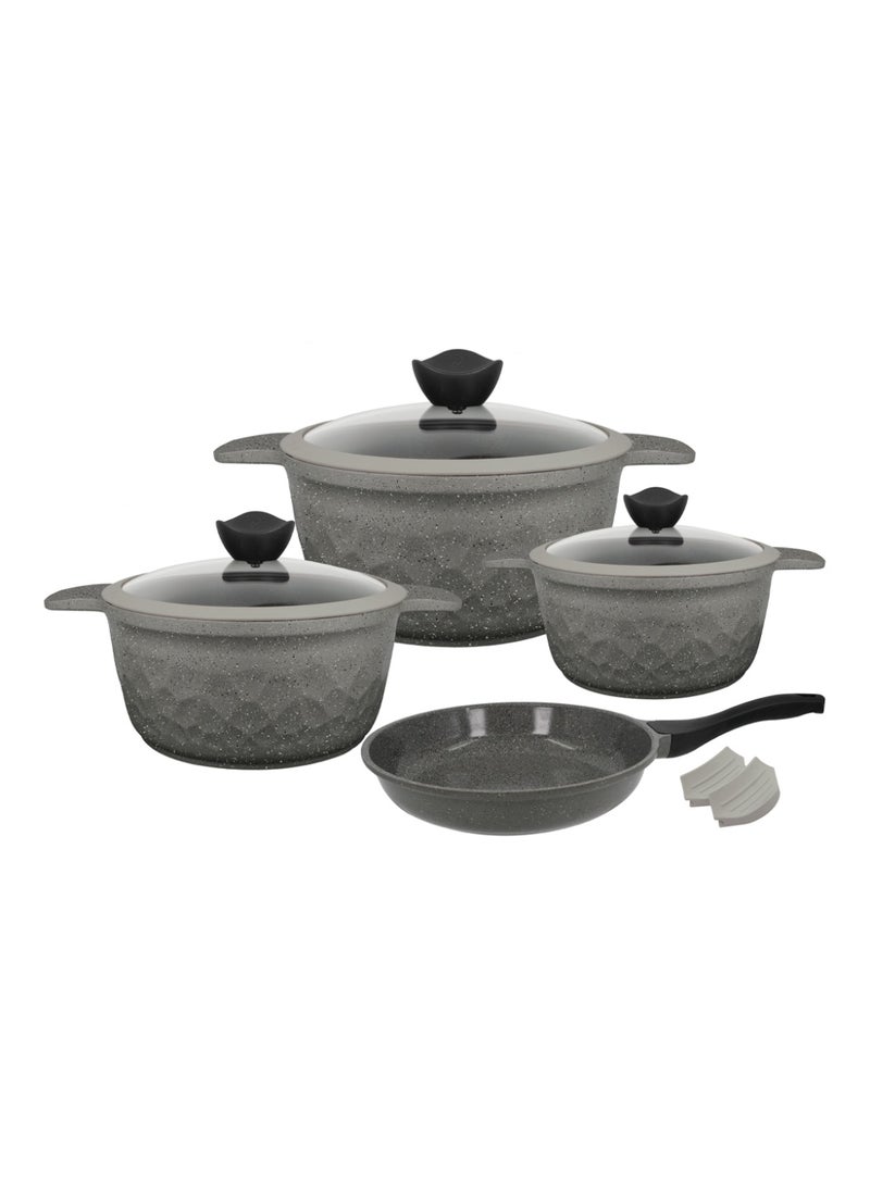 Cookware Set, 9-Pieces Cast Aluminum with Granite Coating  Non-Stick Pot and Pan Set with Tempered Glass Lids and Silicone Grips, Even Heat Distribution - Grey - Image 4